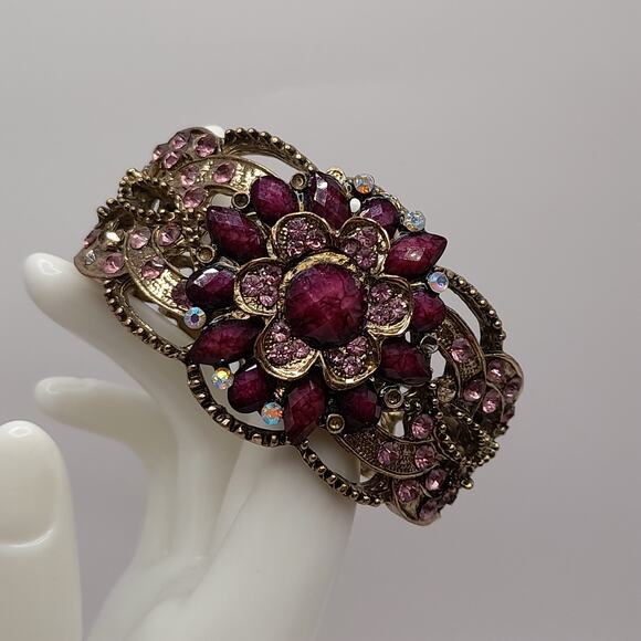 Purple Pink Rhinestone Hinged Bracelet, Victorian Style, 6 1/2 Inches - Picture 2 of 14